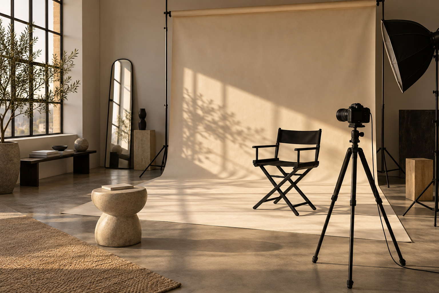 Generiertes Editorial-Motiv: ein ruhiges Fotostudio im warmen Tageslicht.